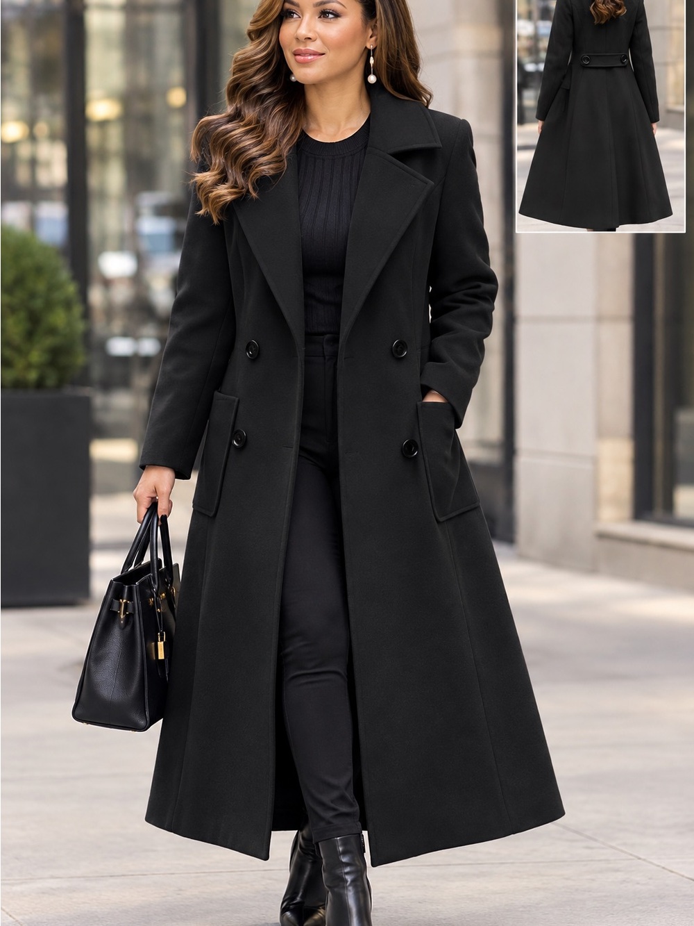 Tailored Black Double-Breasted Long Coat
